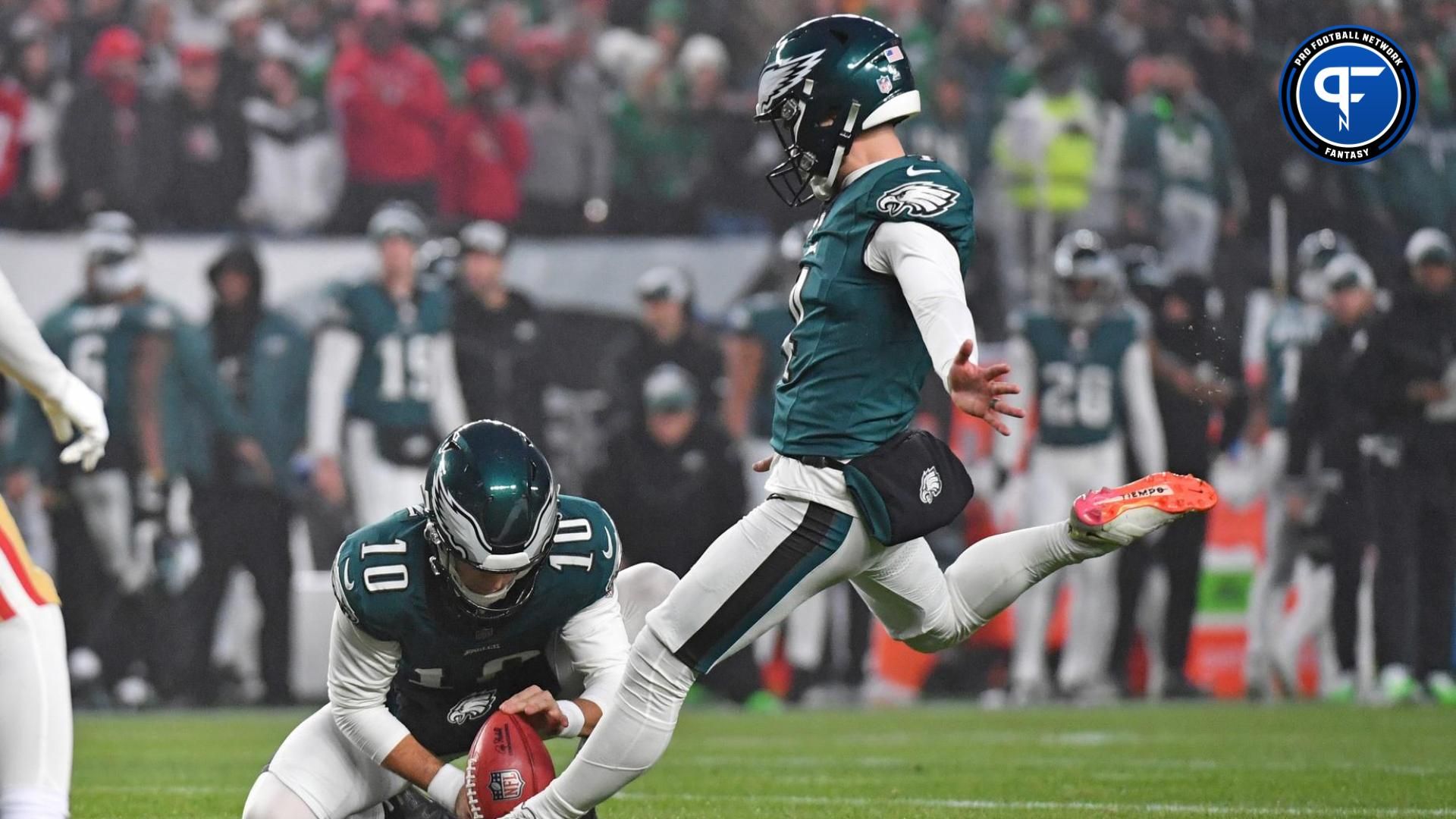 Philadelphia Eagles place kicker Jake Elliott (4) kicks a field goal as punter Braden Mann (10) holds the football against the San Francisco 49ers at Lincoln Financial Field.