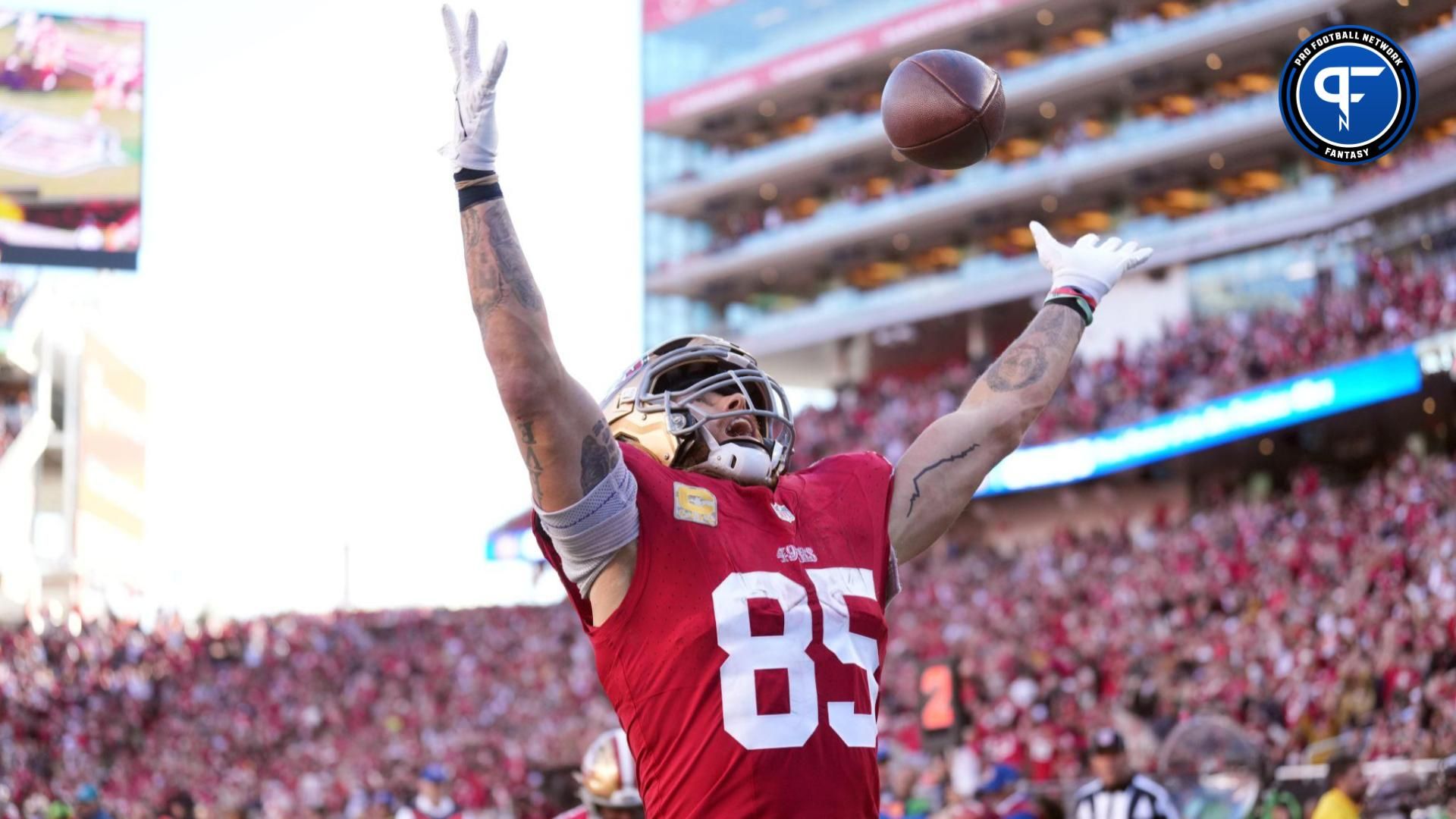 San Francisco 49ers tight end George Kittle (85) celebrates after scoring a touchdown against the Tampa Bay Buccaneers during the third quarter at Levi's Stadium.