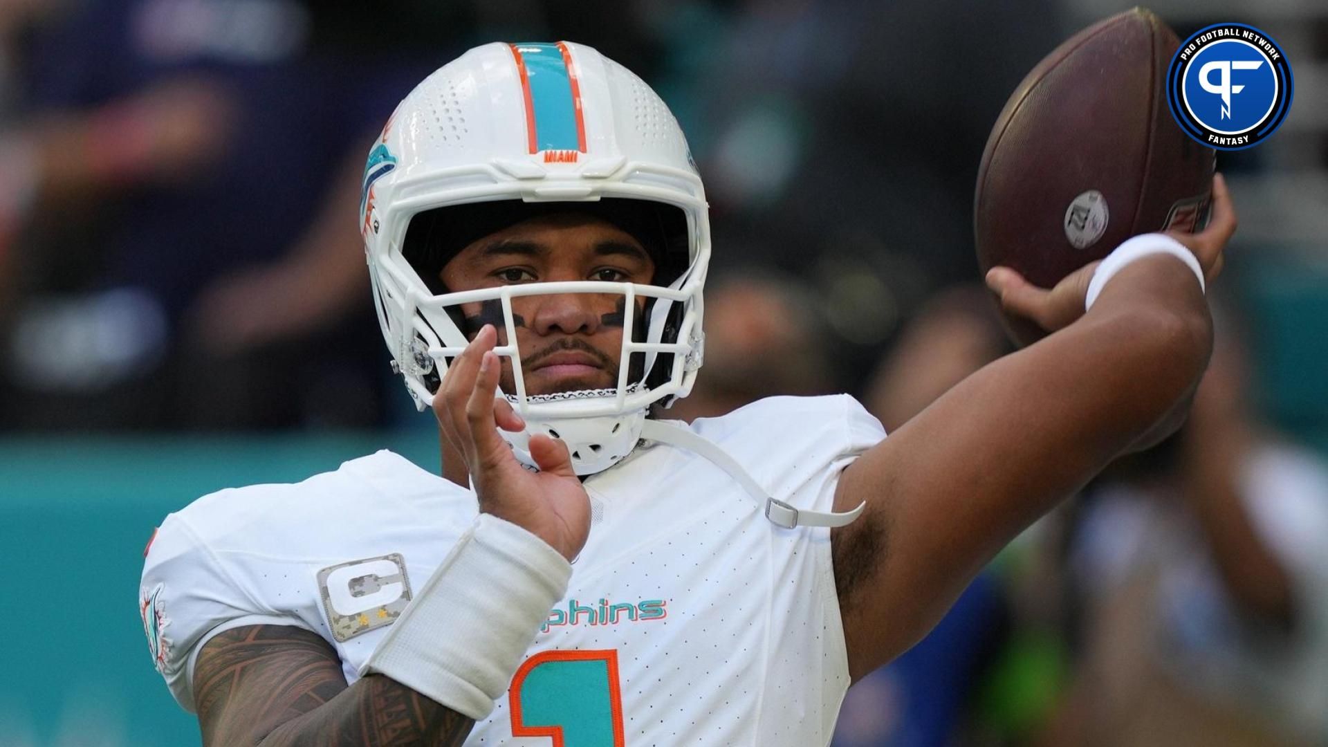 Miami Dolphins quarterback Tua Tagovailoa (1) warms-up before the start of the game against the Las Vegas Raiders at Hard Rock Stadium in Miami Gardens, Nov. 19, 2023.