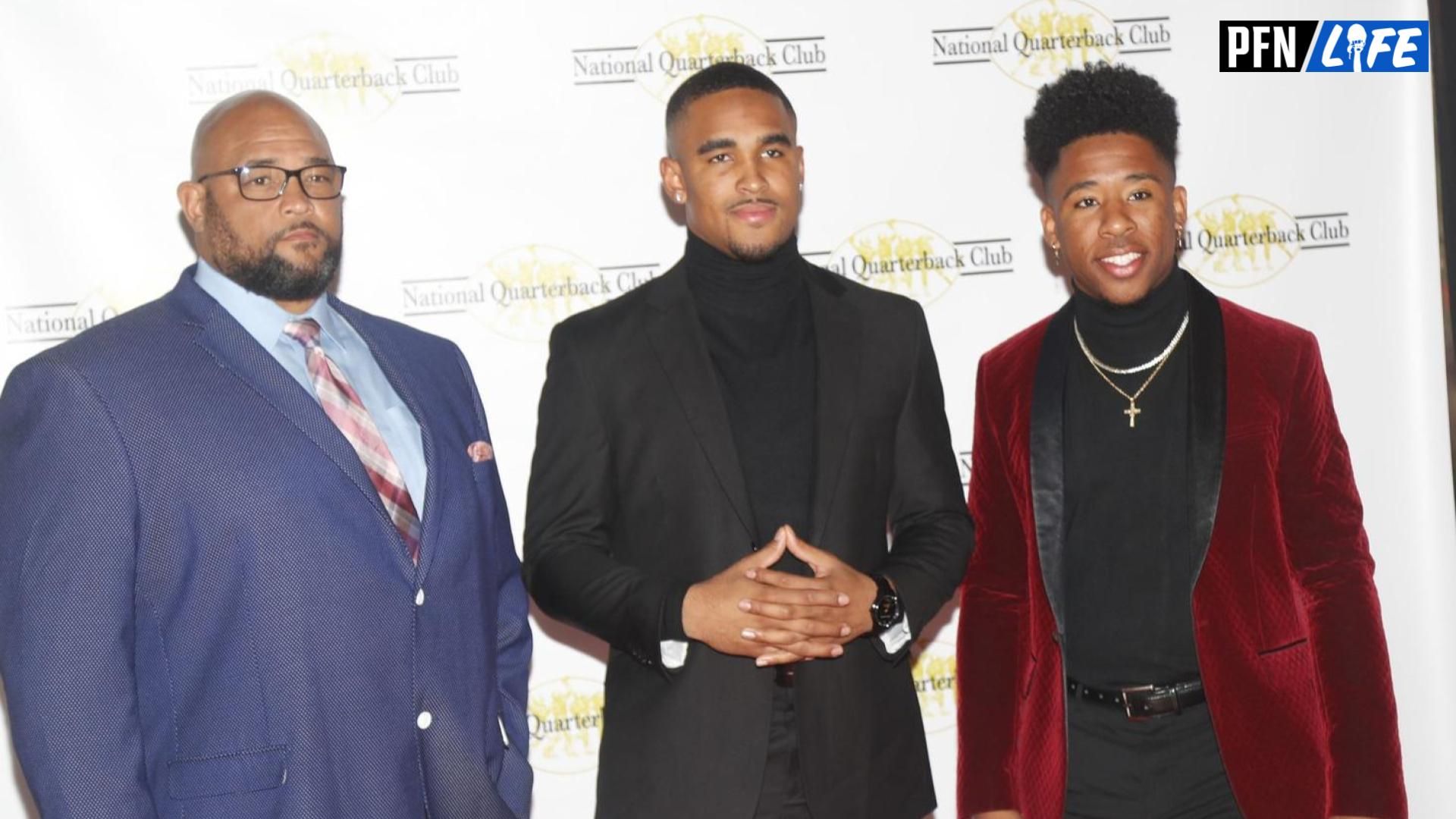 Oklahoma quarterback Jalen Hurts (center) with his father Averion Hurts (L) and his brother Averion Hurts Jr. (R) before the National Quarterback Club Awards Dinner & Hall of Fame Induction Ceremony The Scottsdale Resort at McCormick Ranch in Scottsdale, Ariz. on January 19, 2019.