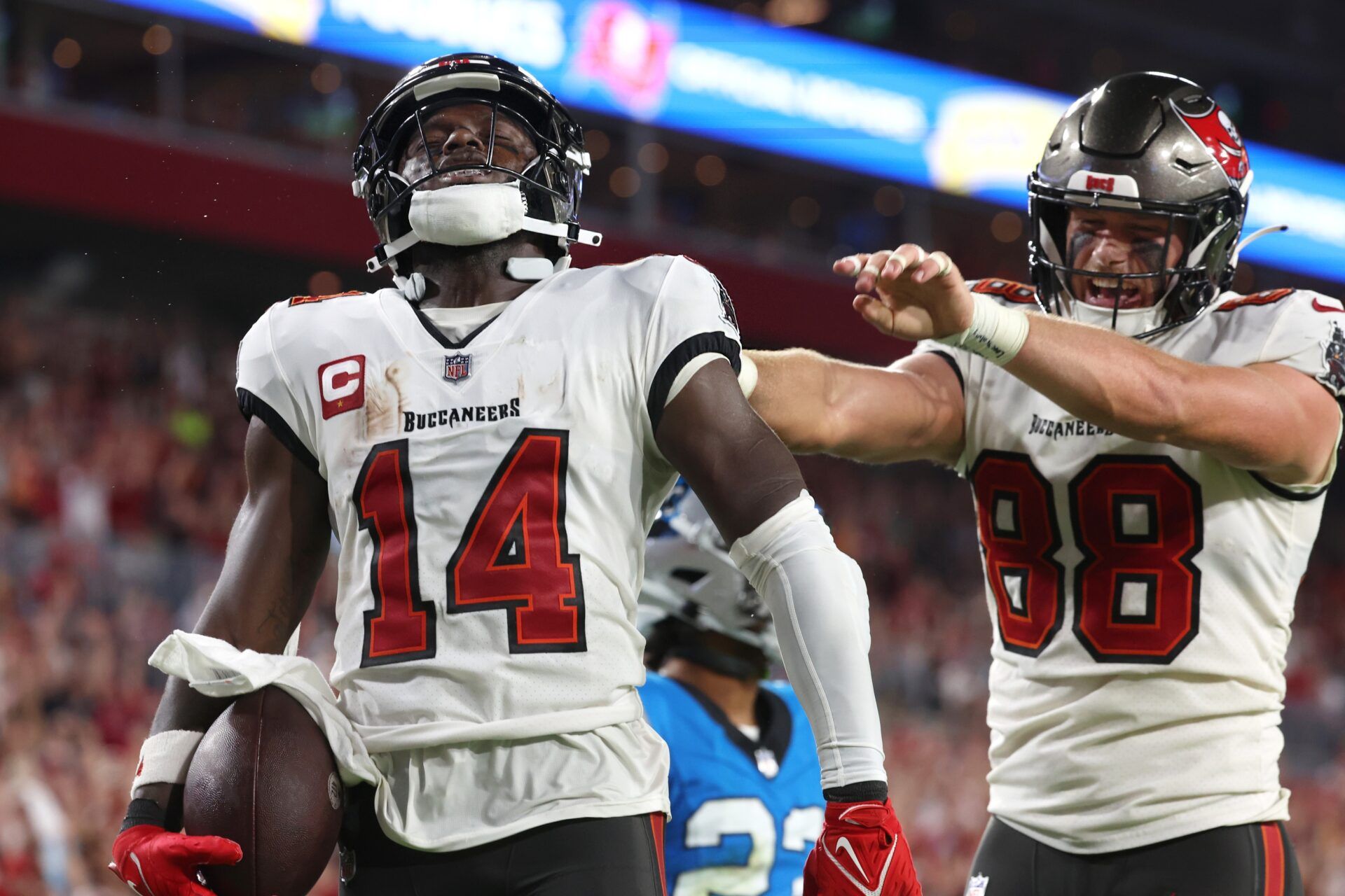 Tampa Bay Buccaneers WR Chris Godwin (14) celebrates a touchdown against the Carolina Panthers.