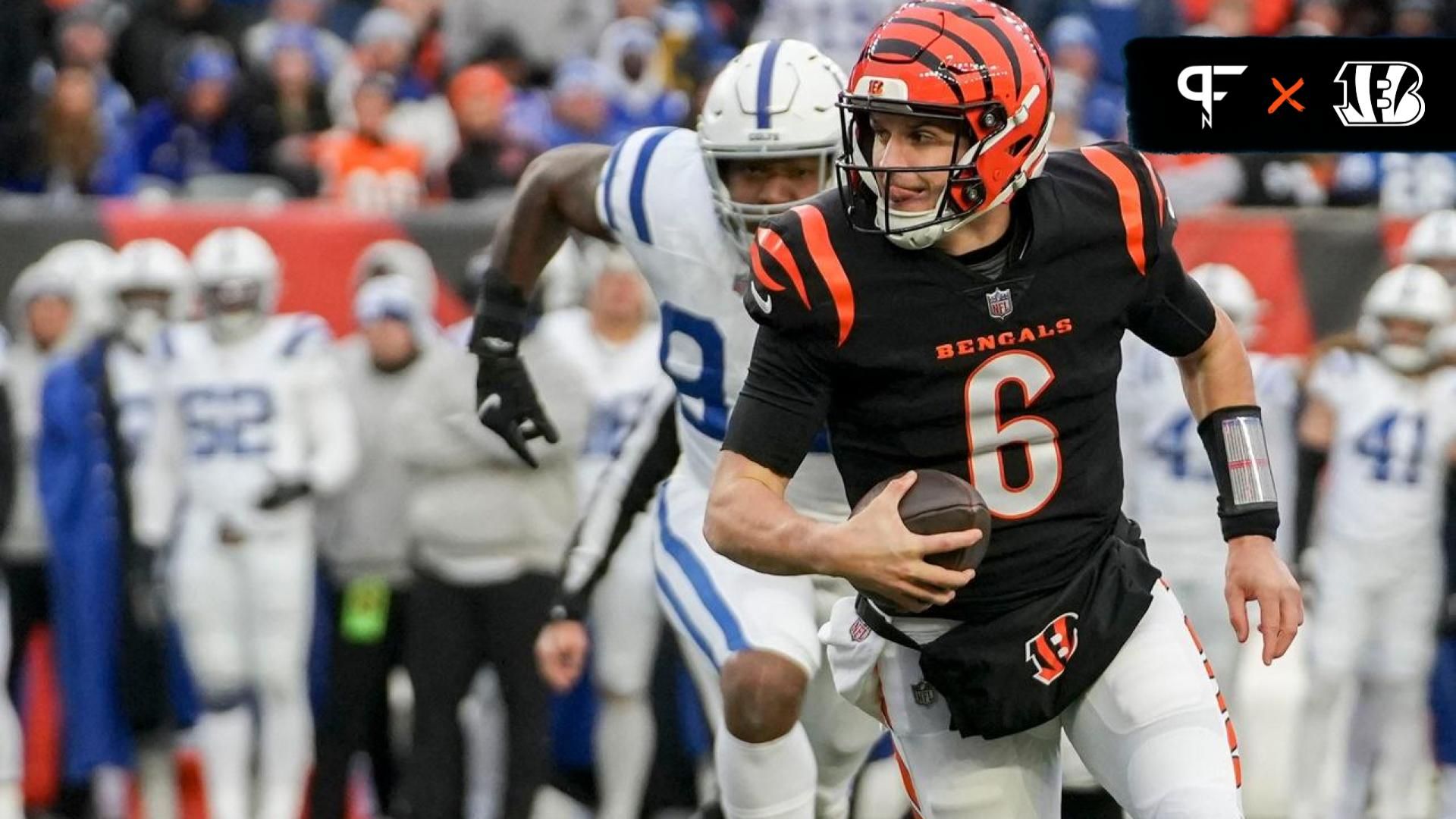 Cincinnati Bengals QB Jake Browning (6) scrambles against the Indianapolis Colts.