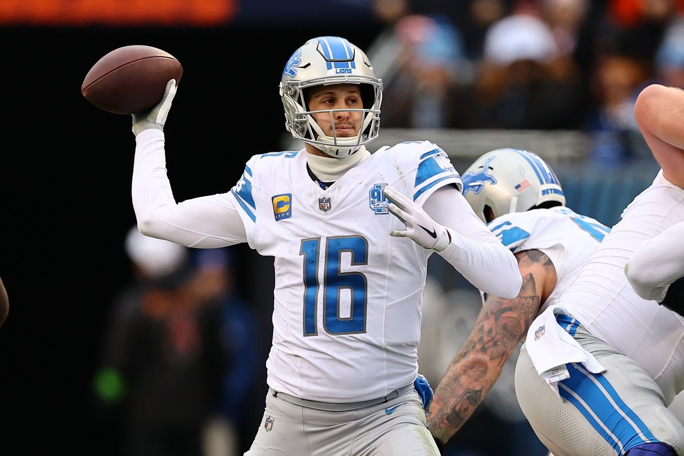 Detroit Lions quarterback Jared Goff (16) drops back to pass against the Chicago Bears during the first half at Soldier Field.