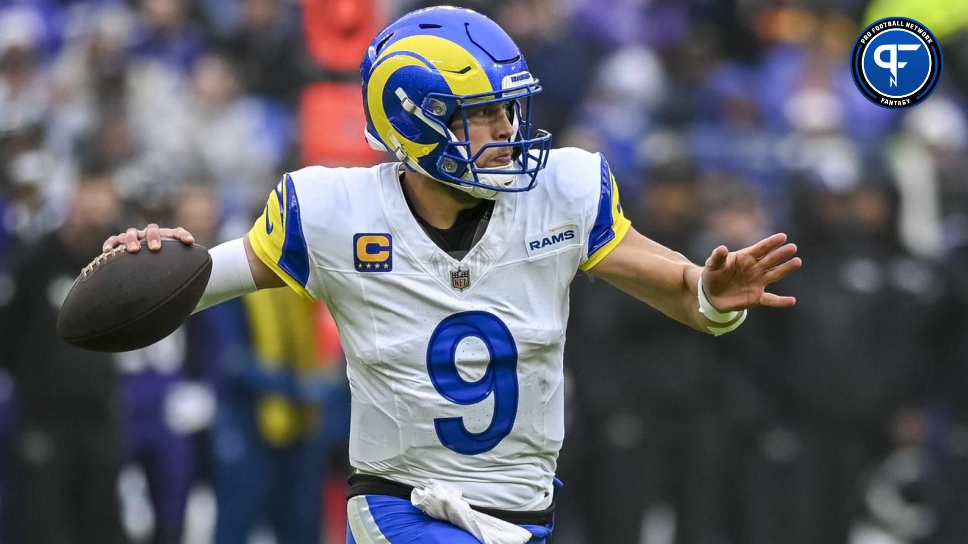 Los Angeles Rams quarterback Matthew Stafford (9) throws on the run during the first half against the Baltimore Ravens at M&T Bank Stadium.