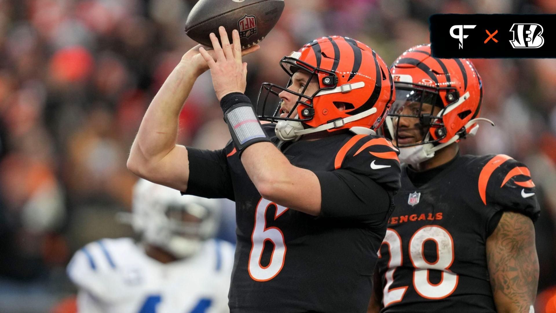 Jake Browning (6) celebrates after rushing for a touchdown Sunday, Dec. 10, 2023, during a game against the Cincinnati Bengals at Paycor Stadium.