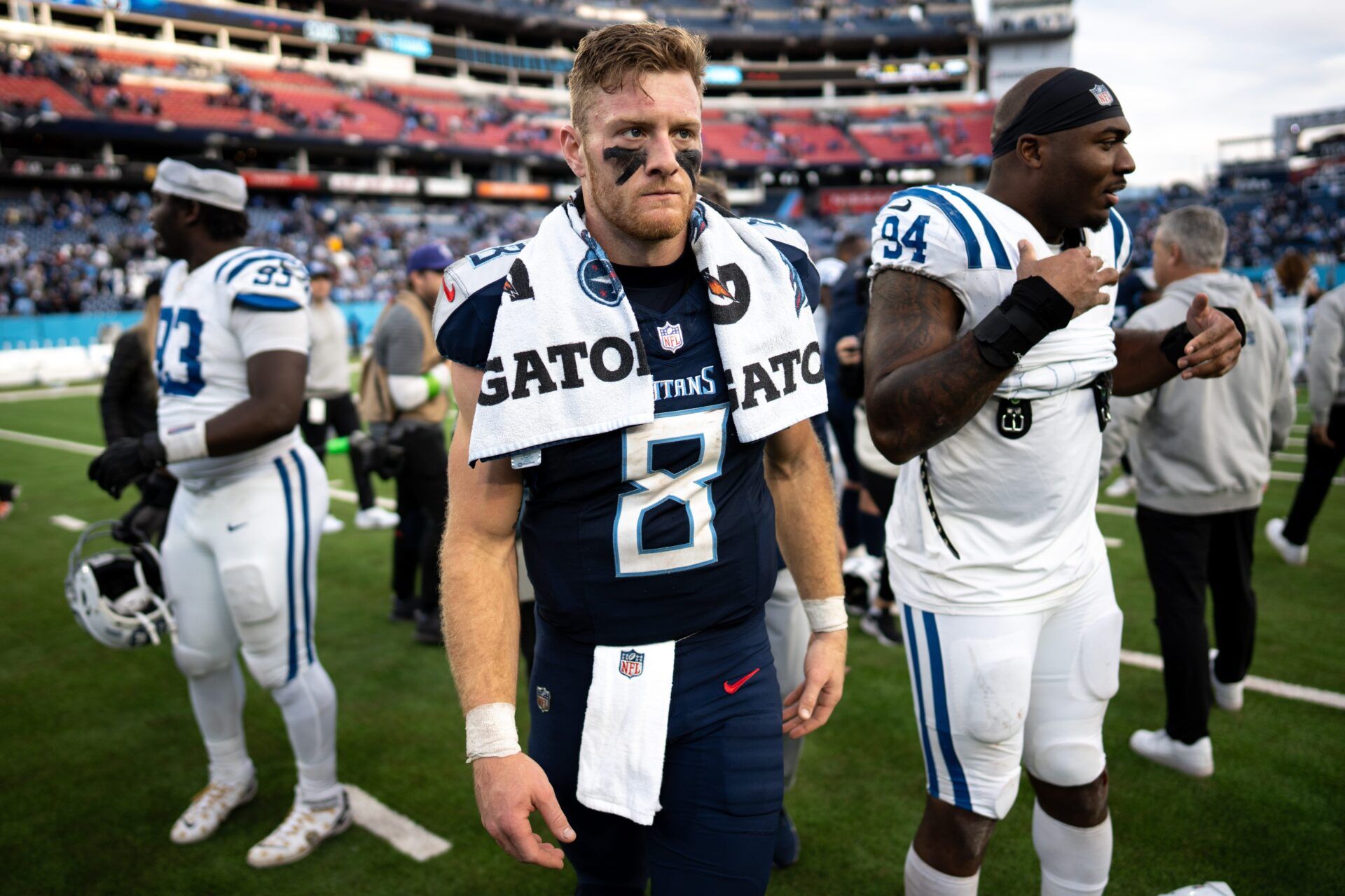 Tennessee Titans quarterback Will Levis (8) exits the field after losing in overtime to the Indianapolis Colts at Nissan Stadium in Nashville, Tenn., Sunday, Dec. 3, 2023.