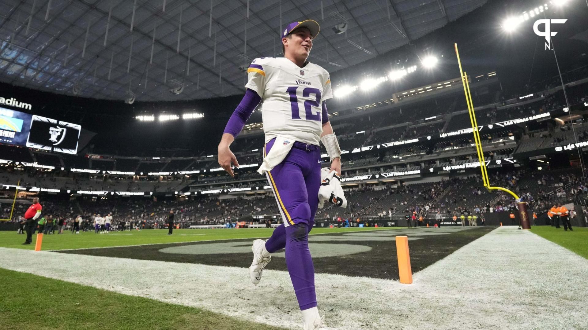 Minnesota Vikings quarterback Nick Mullens (12) celebrates after the game against the Las Vegas Raiders at Allegiant Stadium.