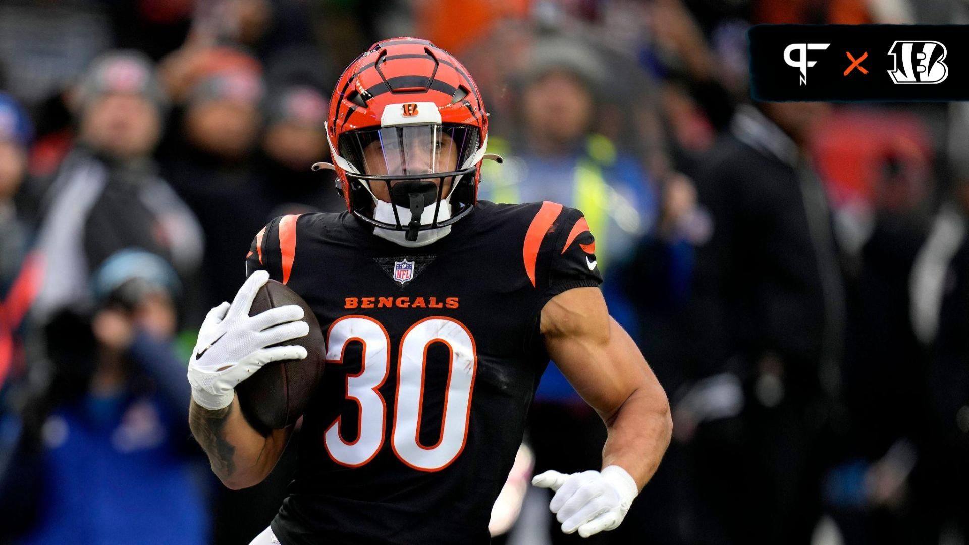 Cincinnati Bengals running back Chase Brown (30) runs 57 years for a touchdown in the first quarter during a Week 14 NFL against the Indianapolis Colts Sunday, December 10, 2023, at Paycor Stadium in Cincinnati.