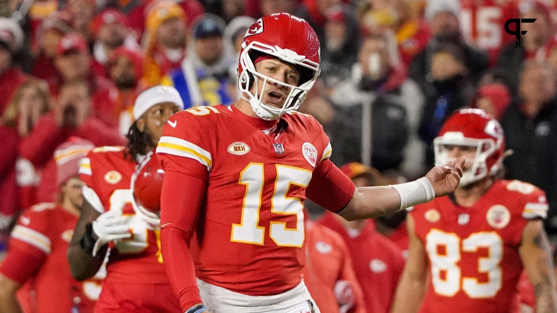 Kansas City Chiefs quarterback Patrick Mahomes (15) gestures to an official after a play against the Buffalo Bills during the second half at GEHA Field at Arrowhead Stadium.