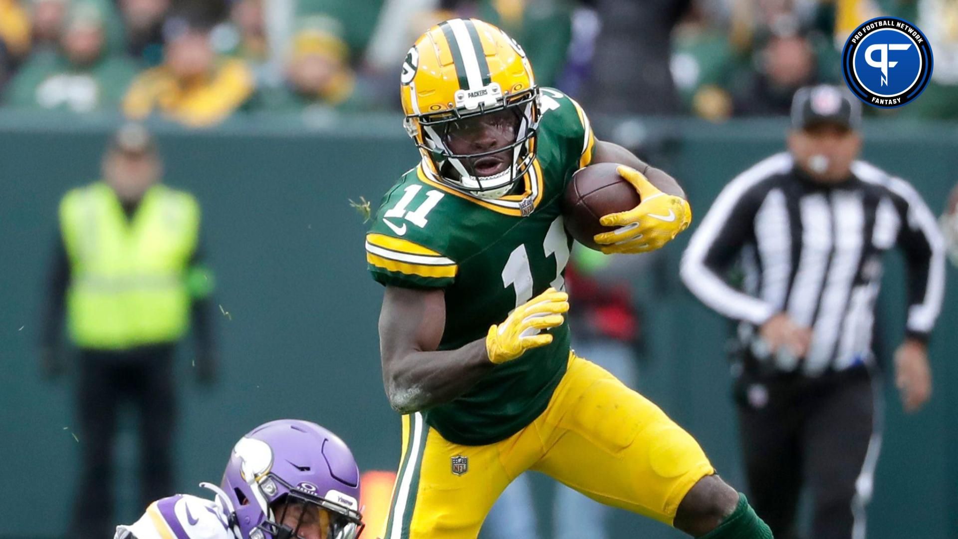 Green Bay Packers wide receiver Jayden Reed (11) breaks away from Minnesota Vikings cornerback Byron Murphy Jr. (7) during their football game Sunday, October 29, 2023, at Lambeau Field in Green Bay, Wis.