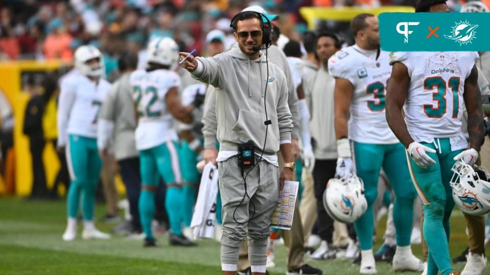 Miami Dolphins head coach Mike McDaniel gestures against the Washington Commanders during the second half at FedExField.