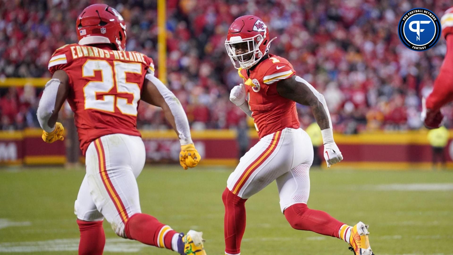 Kansas City Chiefs running back Jerick McKinnon (1) celebrates with running back Clyde Edwards-Helaire (25) after a score against the Buffalo Bills during the first half at GEHA Field at Arrowhead Stadium.