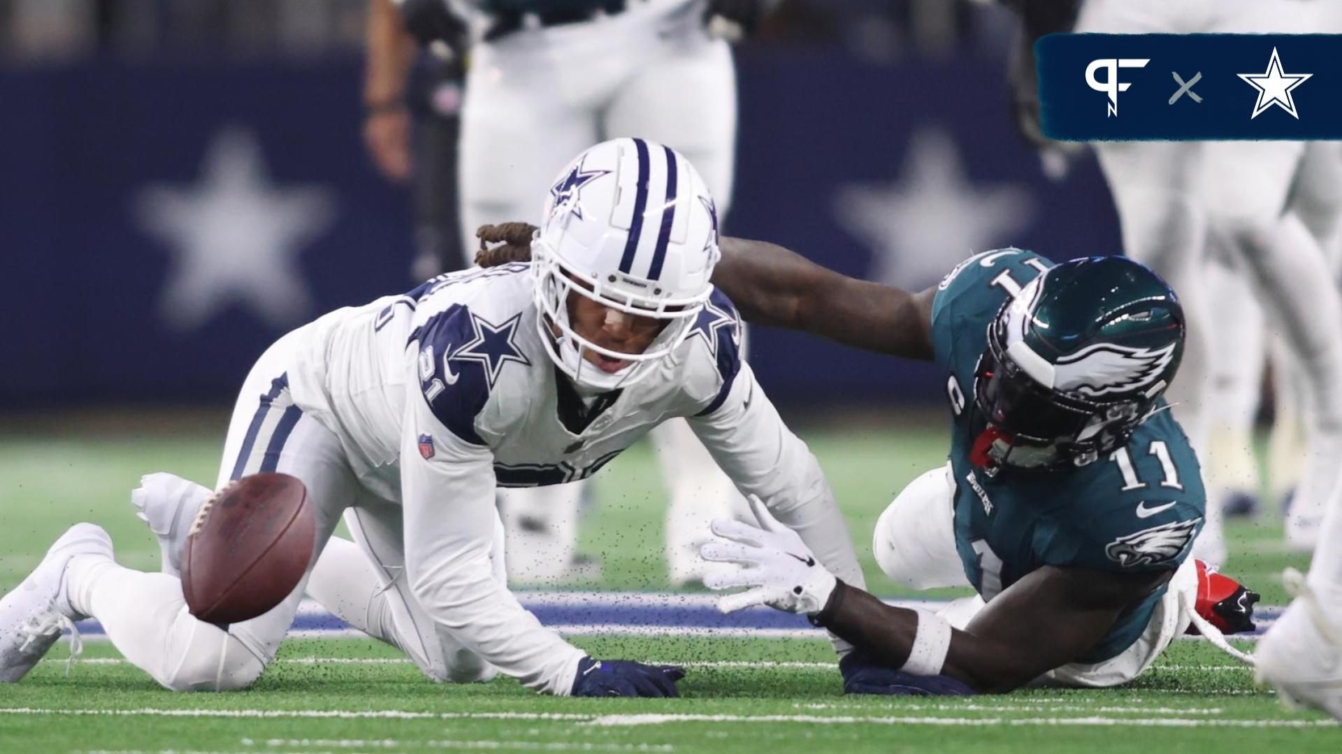 Dallas Cowboys CB Stephon Gilmore (21) forces a fumble against the Philadelphia Eagles.