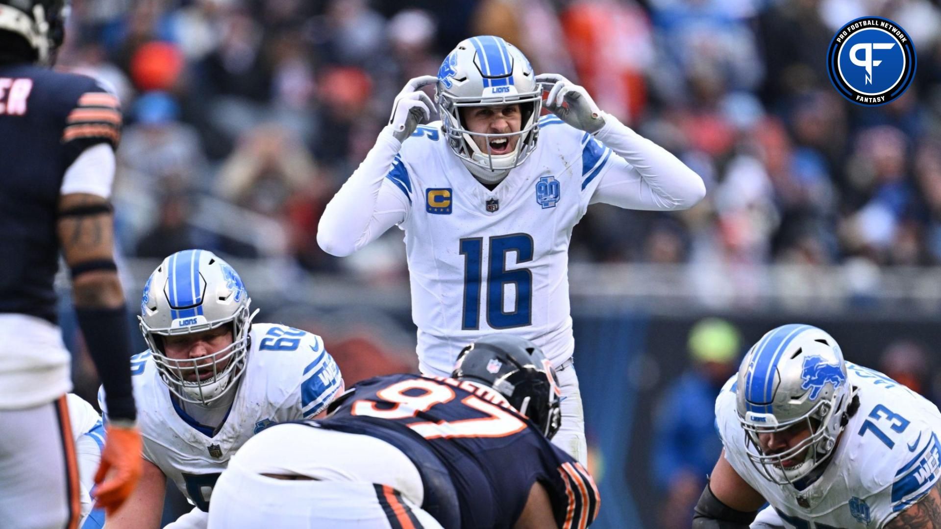 Detroit Lions quarterback Jared Goff (16) calls signals at the line in the first half against the Chicago Bears at Soldier Field.