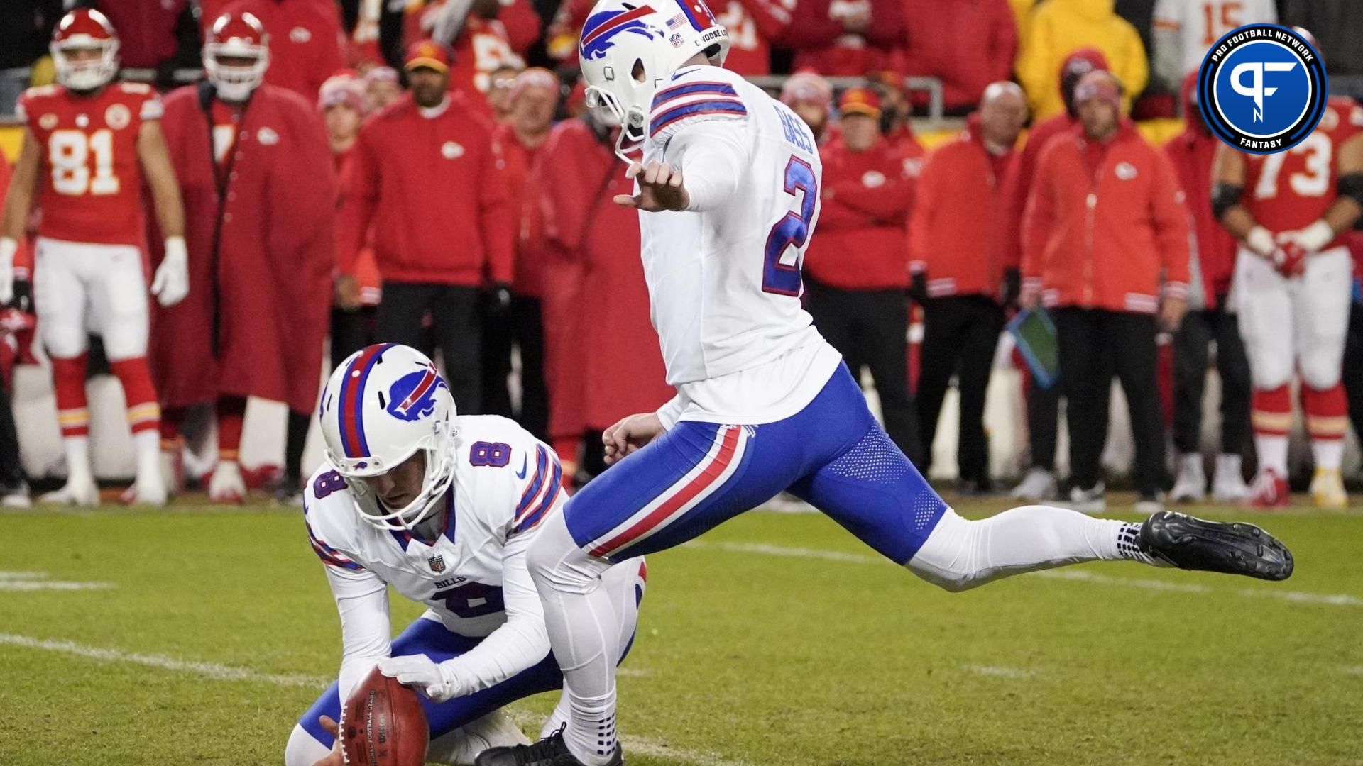 Buffalo Bills kicker Tyler Bass (2) kicks a field goal against the Kansas City Chiefs.