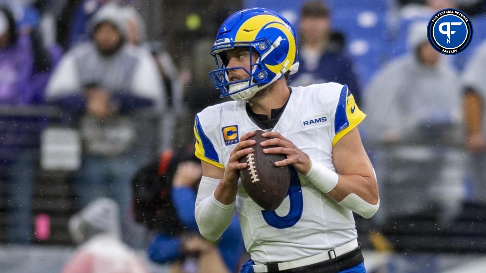 Los Angeles Rams quarterback Matthew Stafford (9) looks to throws prior to the game against the Baltimore Ravens at M&T Bank Stadium.