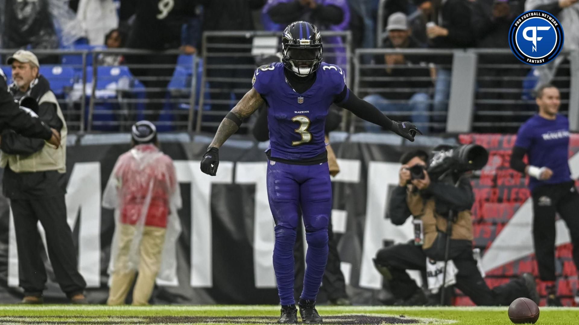 Baltimore Ravens wide receiver Odell Beckham Jr. (3) celebrates after sowing a second quarter touchdown against the Los Angeles Rams during the at M&T Bank Stadium.