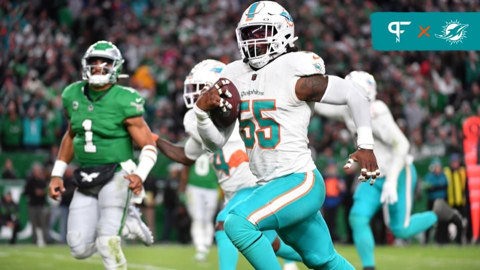 Miami Dolphins LB Jerome Baker (55) intercepts a pass and returns it for a TD against the Philadelphia Eagles.