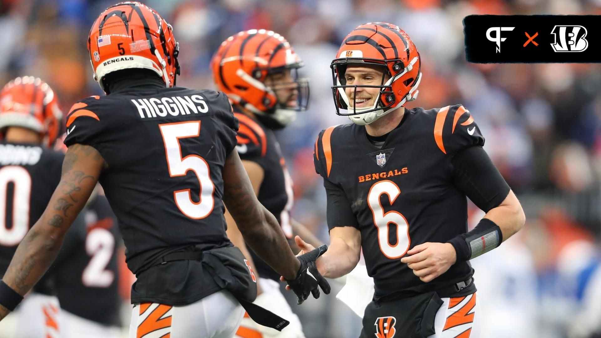 Cincinnati Bengals quarterback Jake Browning (6) celebrates his touchdown run with wide receiver Tee Higgins (5) during the second half against the Indianapolis Colts at Paycor Stadium.