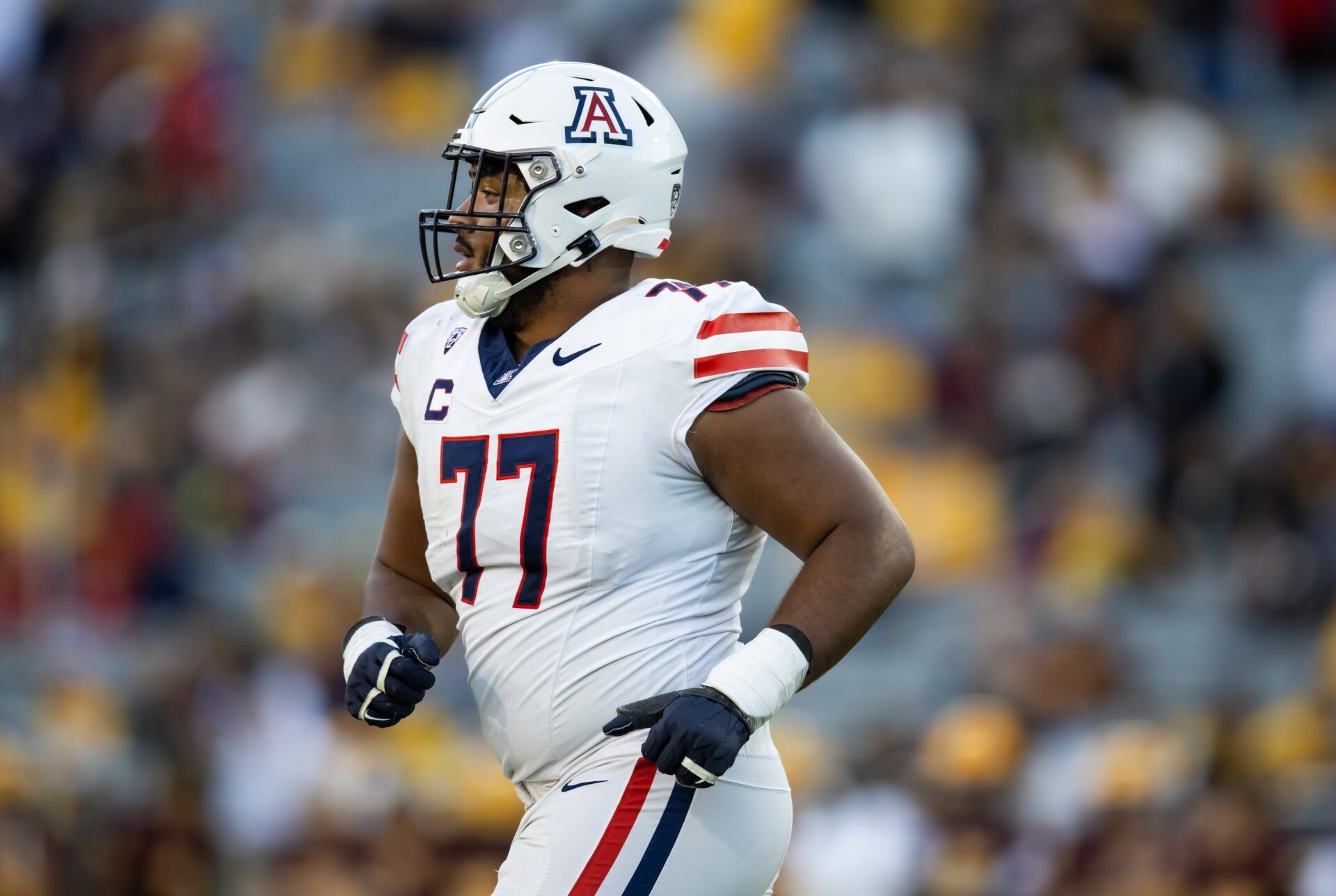 Arizona Wildcats offensive lineman Jordan Morgan (77) against the Arizona State Sun Devils during the Territorial Cup at Mountain America Stadium.