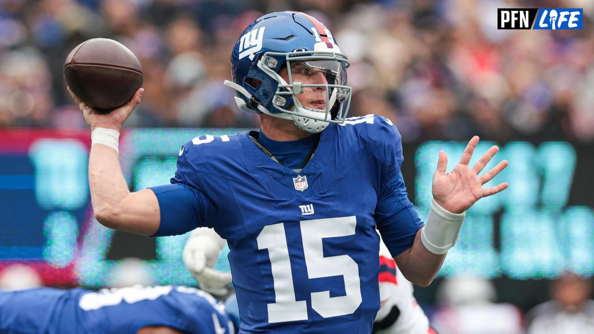 Tommy DeVito (15) throws the ball during the first half against the New England Patriots at MetLife Stadium.