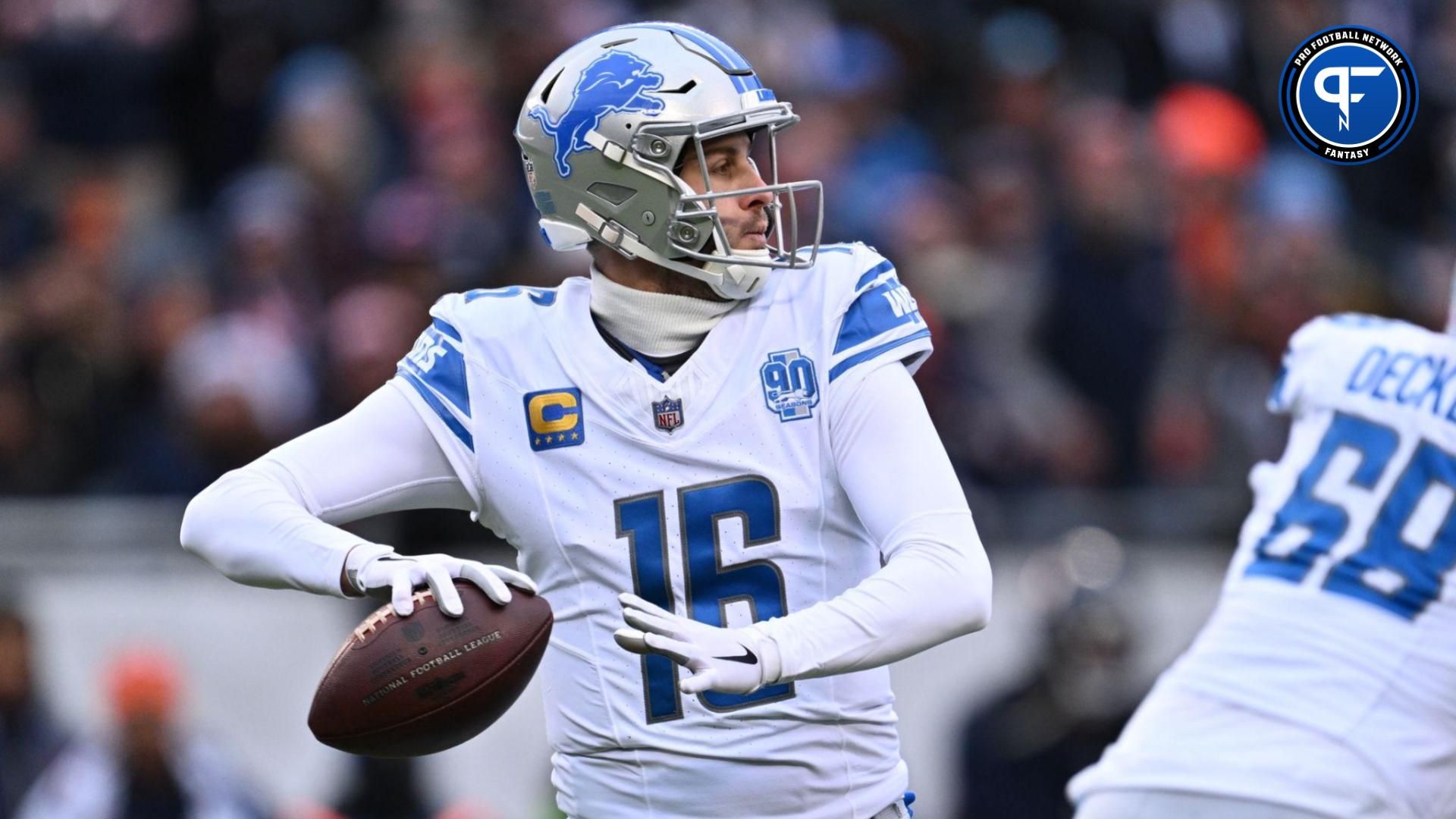 Detroit Lions quarterback Jared Goff (16) passes in the first half against the Chicago Bears at Soldier Field.