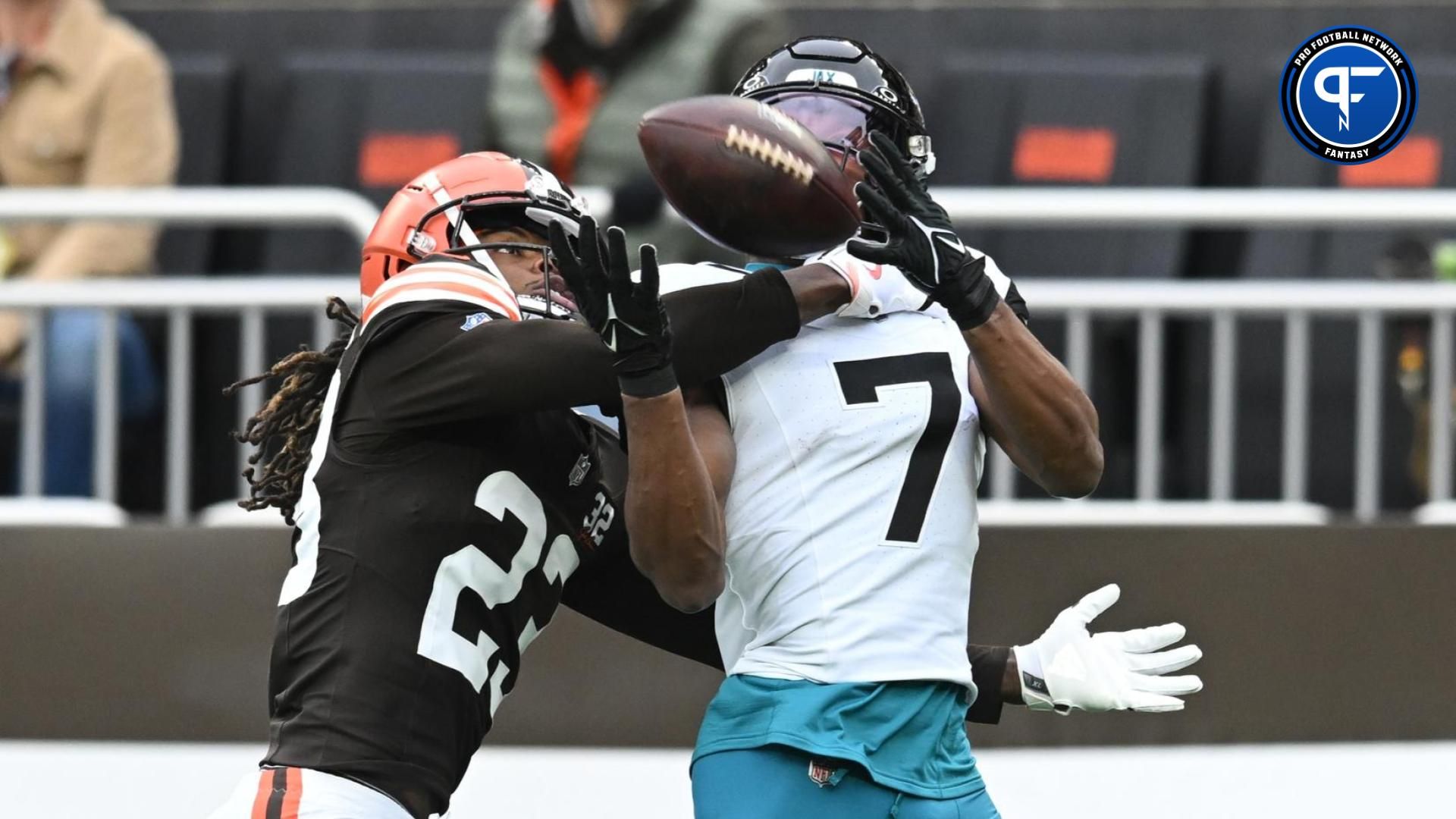 Cleveland Browns cornerback Martin Emerson Jr. (23) breaks up a pass intended for Jacksonville Jaguars wide receiver Zay Jones (7) during the first quarter at Cleveland Browns Stadium.