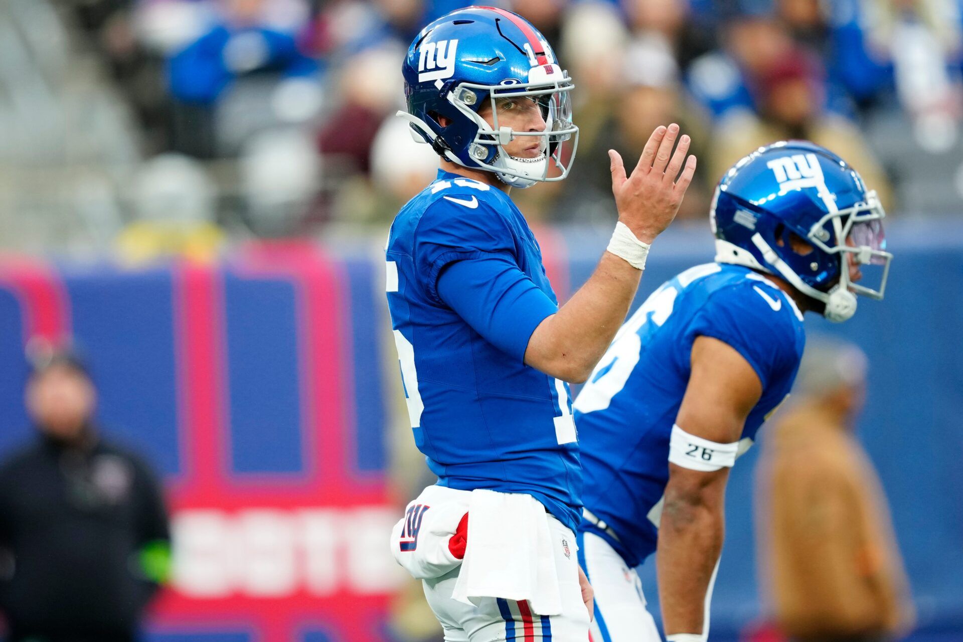 New York Giants quarterback Tommy DeVito (15) is shown as his teammates play the New England Patriots, Sunday, November 26, 2023.