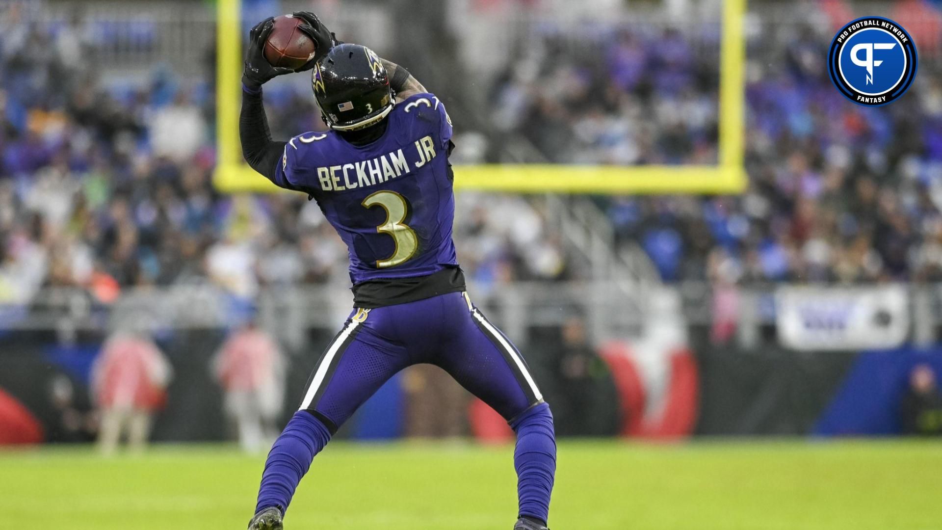 Baltimore Ravens wide receiver Odell Beckham Jr. (3) leaps to make a catch during the second half against the Los Angeles Rams at M&T Bank Stadium