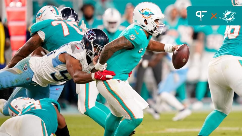 Tennessee Titans linebacker Harold Landry III (58) sacks Miami Dolphins quarterback Tua Tagovailoa (1) during the fourth quarter at Hard Rock Stadium in Miami, Fla., Monday, Dec. 11, 2023.