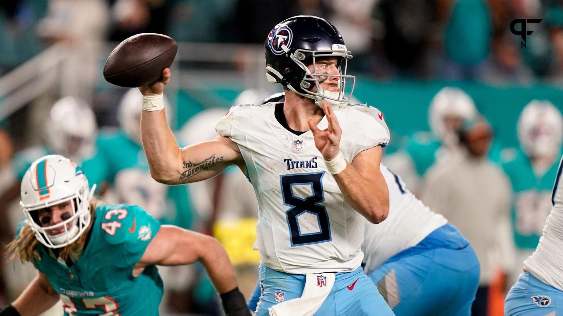 Tennessee Titans quarterback Will Levis (8) looks to pass against the Miami Dolphins during the third quarter at Hard Rock Stadium in Miami, Fla., Monday, Dec. 11, 2023.