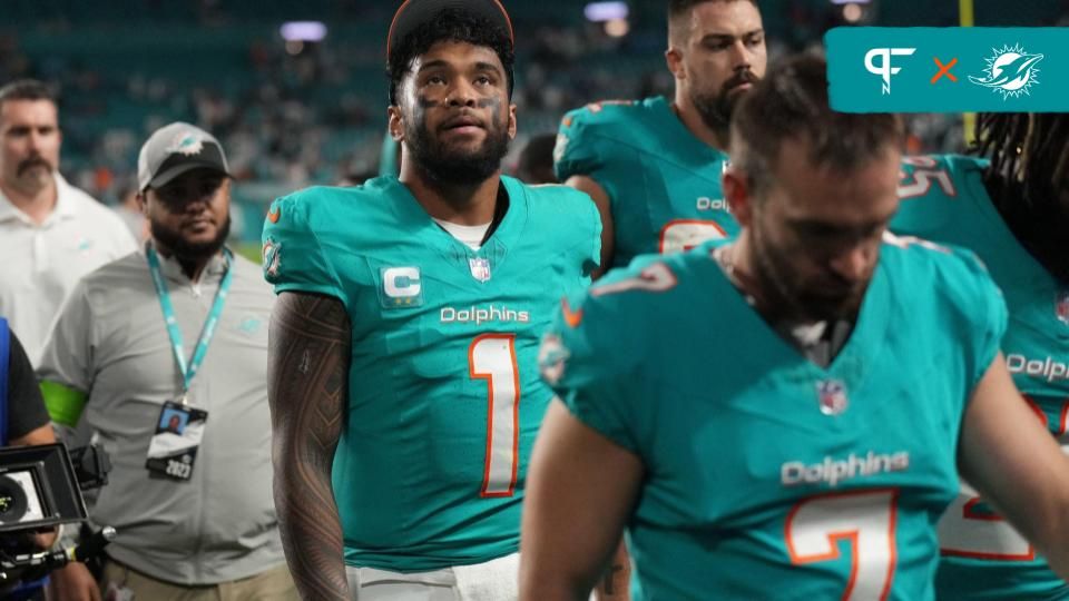 Miami Dolphins QB Tua Tagovailoa (1) walks off the field after the team's loss to the Tennessee Titans.