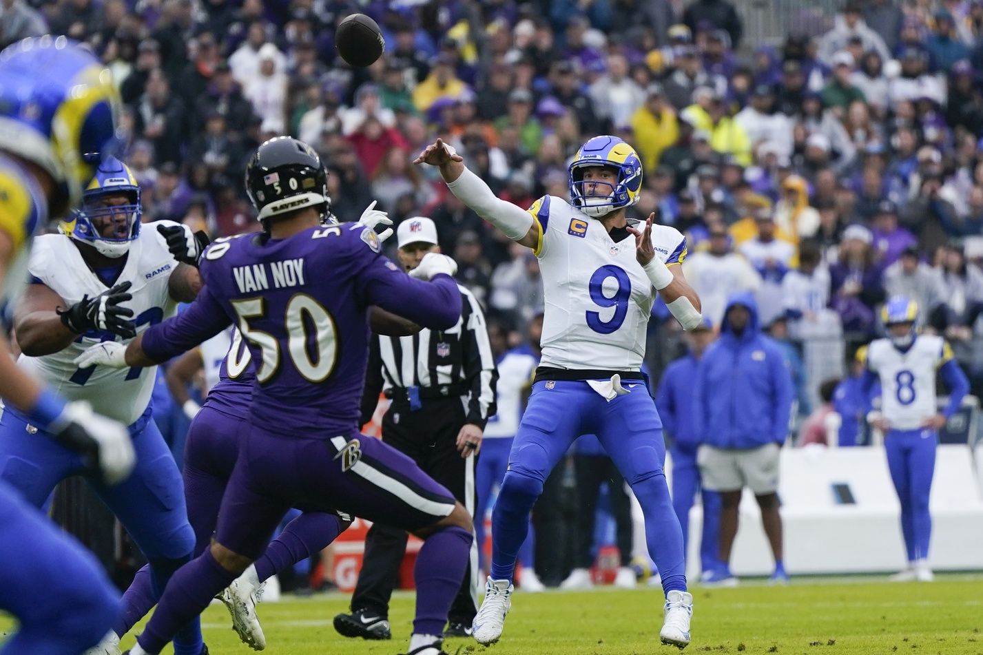 Los Angeles Rams quarterback Matthew Stafford (9) passes against the Baltimore Ravens during the first quarter.