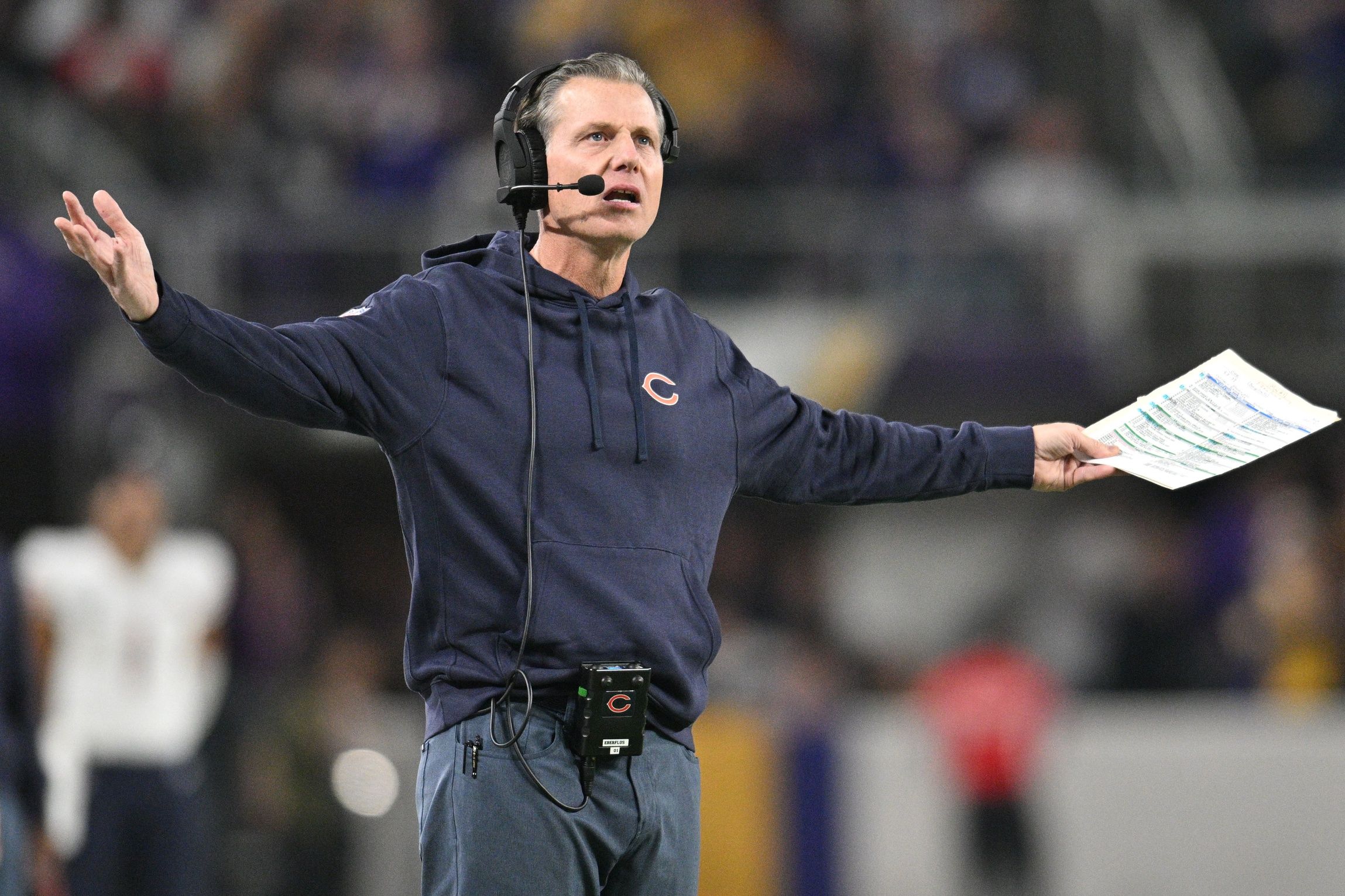 Chicago Bears head coach Matt Eberflus reacts during the second quarter against the Minnesota Vikings.