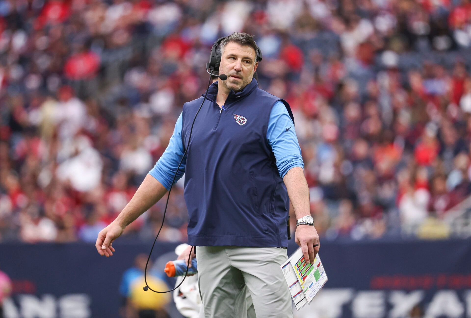 Dec 31, 2023; Houston, Texas, USA; Tennessee Titans head coach Mike Vrabel reacts after a play during the first quarter against the Houston Texans at NRG Stadium. Mandatory Credit: Troy Taormina-USA TODAY Sports