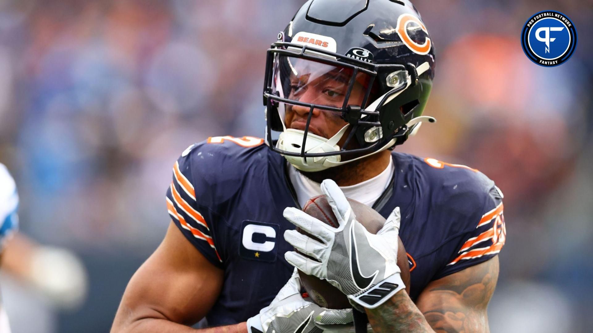 Chicago Bears wide receiver DJ Moore (2) catches a touchdown pass against the Detroit Lions during the second half at Soldier Field.