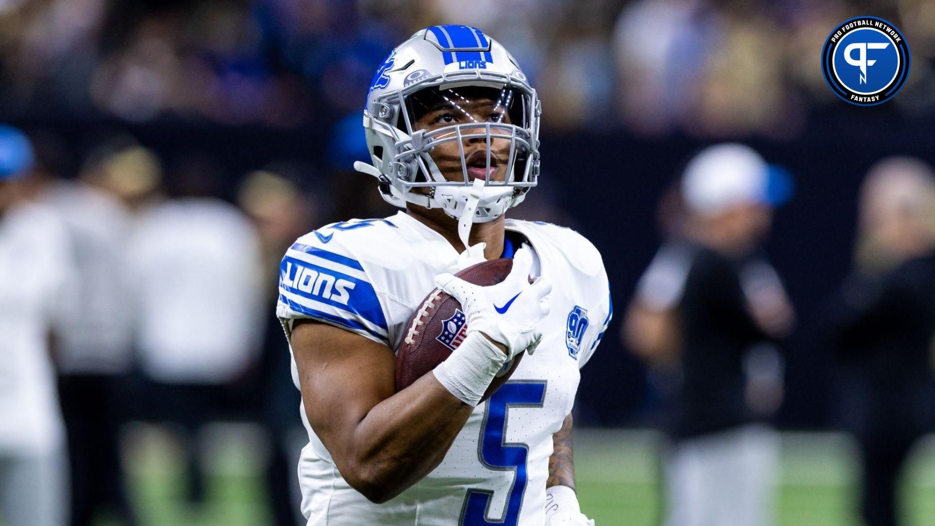 Detroit Lions running back David Montgomery (5) during warmups before the game against the New Orleans Saints at Caesars Superdome.