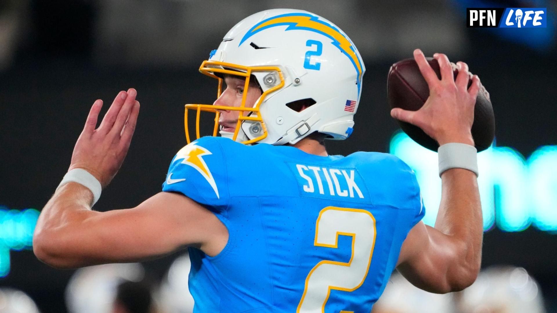 Los Angeles Chargers backup quarterback Easton Stick (2) warms up before a game against the New York Jets at MetLife Stadium.