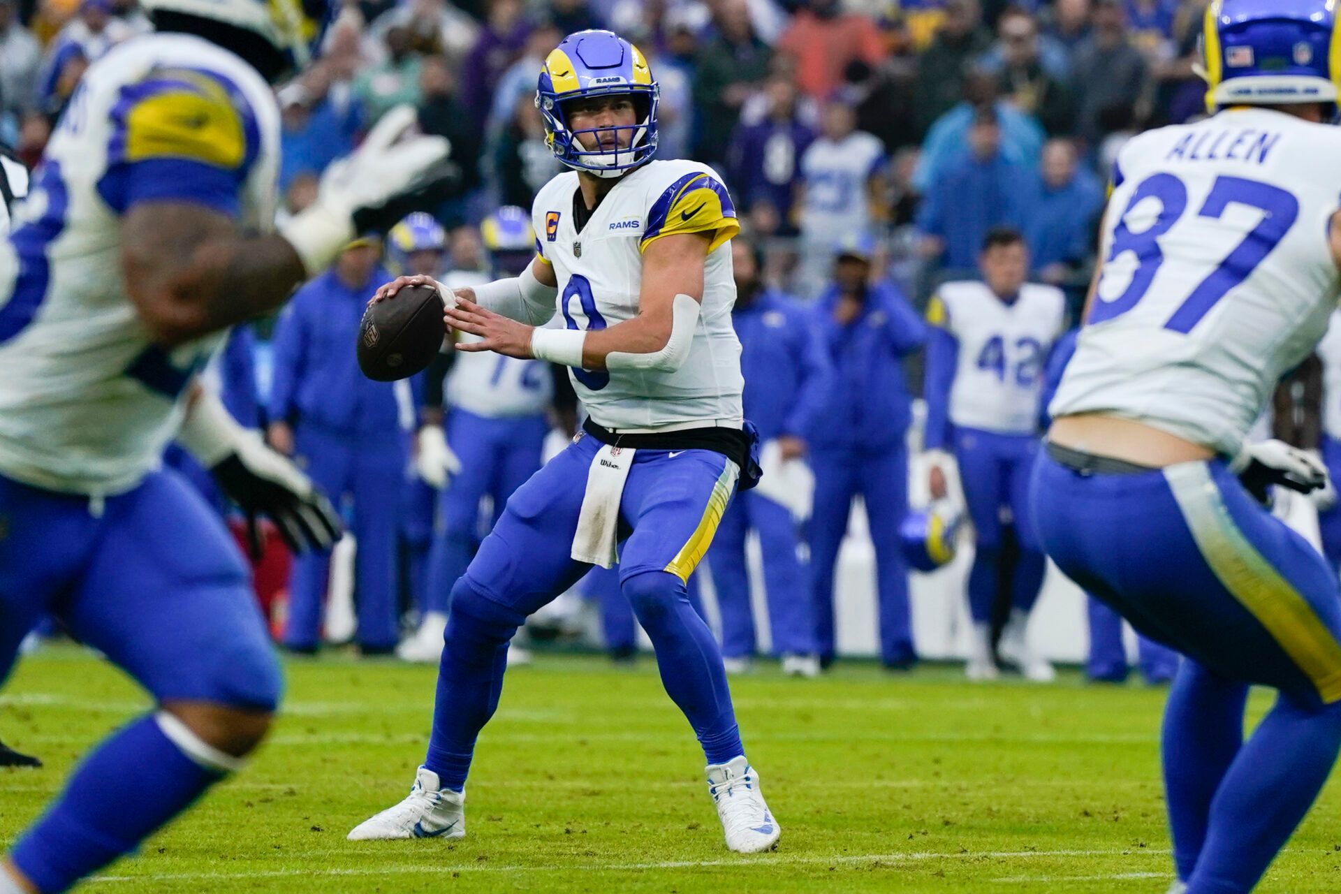 Los Angeles Rams quarterback Matthew Stafford (9) passes against the Baltimore Ravens during the second quarter at M&T Bank Stadium.