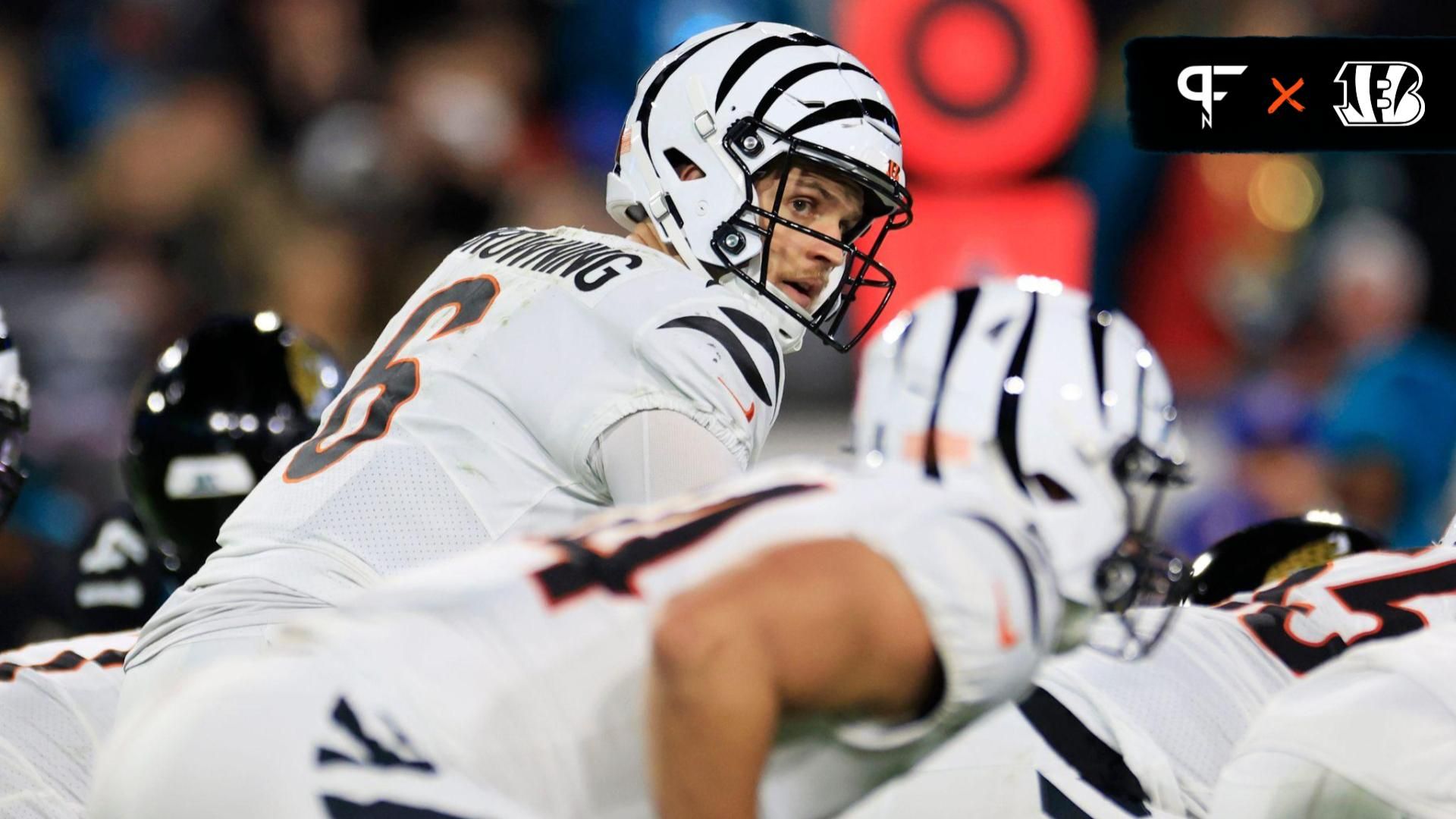 Cincinnati Bengals quarterback Jake Browning (6) calls a play during the third quarter of a regular season NFL football matchup Monday, Dec. 4, 2023 at EverBank Stadium in Jacksonville, Fla.