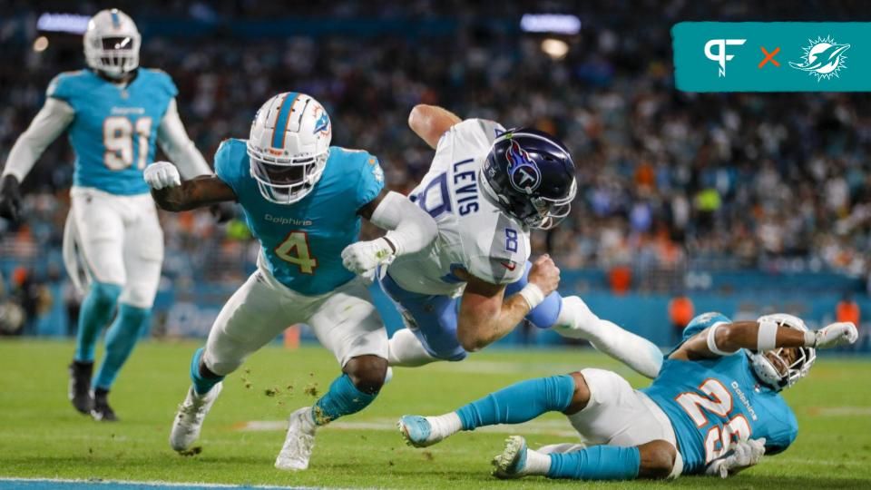 Tennessee Titans quarterback Will Levis (8) dives into the end zone but is stopped by Miami Dolphins cornerback Kader Kohou (4) during the second quarter at Hard Rock Stadium.