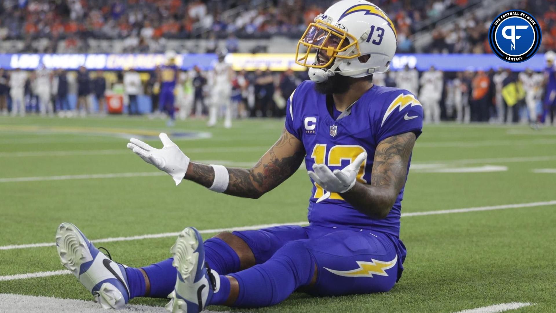 Los Angeles Chargers wide receiver Keenan Allen (13) singles to the referees during the second half in a game against the Denver Broncos at SoFi Stadium.