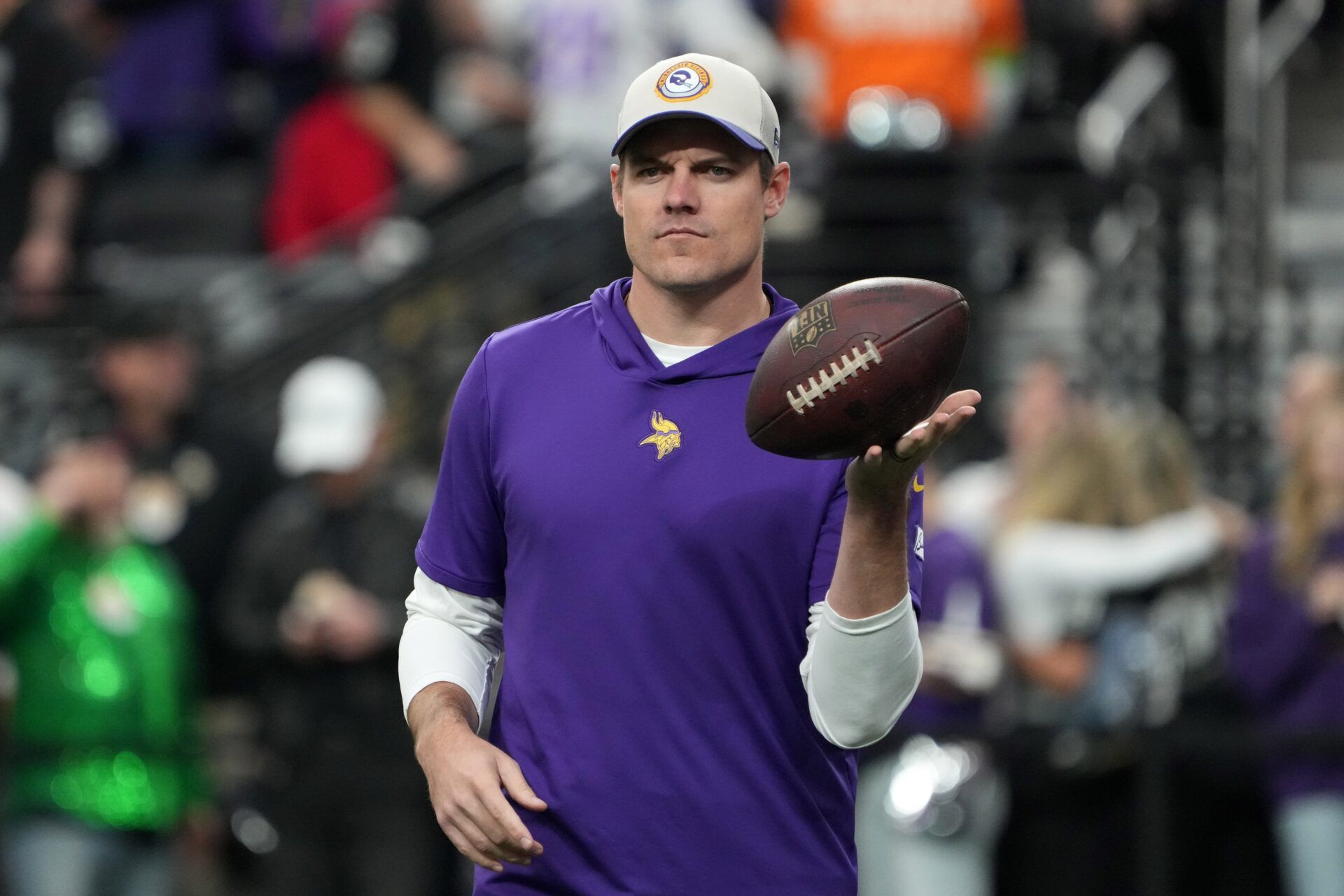 Minnesota Vikings coach Kevin O'Connell reacts during the game against the Las Vegas Raiders at Allegiant Stadium.