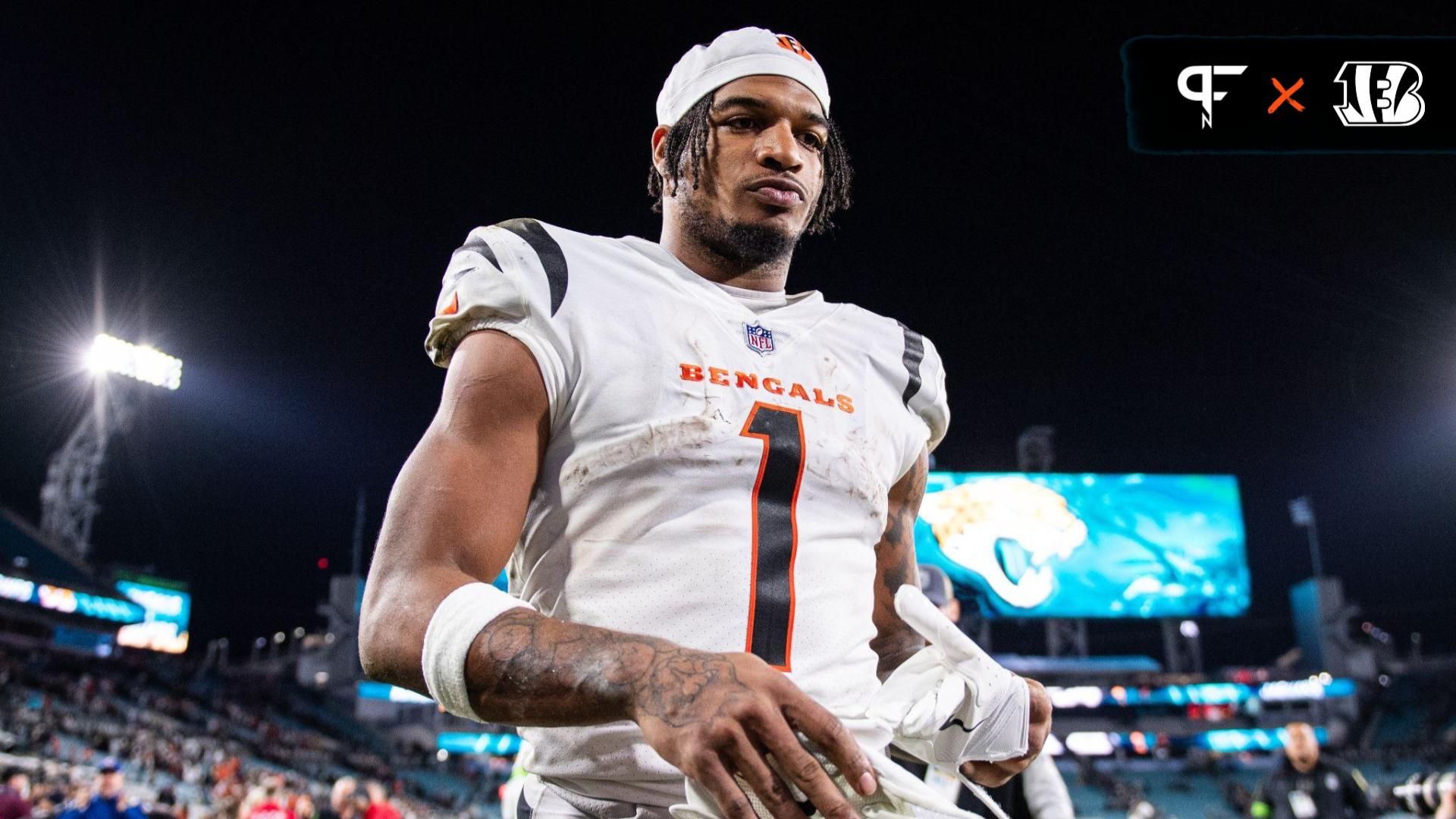 Cincinnati Bengals wide receiver Ja'Marr Chase (1) walks off the field after the win over the Jacksonville Jaguars at EverBank Stadium.