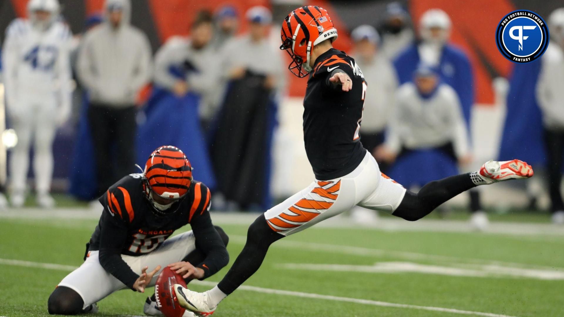 Cincinnati Bengals place kicker Evan McPherson (2) kicks a field goal as punter Brad Robbins (10) holds during the second half against the Indianapolis Colts at Paycor Stadium.