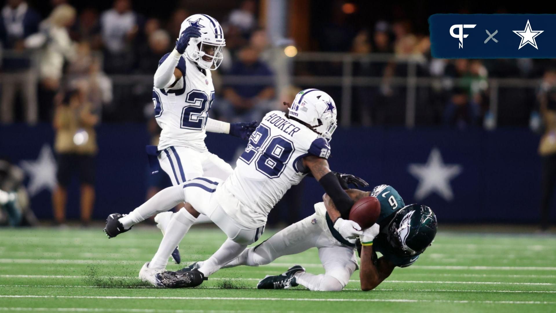 Philadelphia Eagles wide receiver DeVonta Smith (6) cannot catch a pass while defended by Dallas Cowboys safety Malik Hooker (28) in the second quarter at AT&T Stadium.