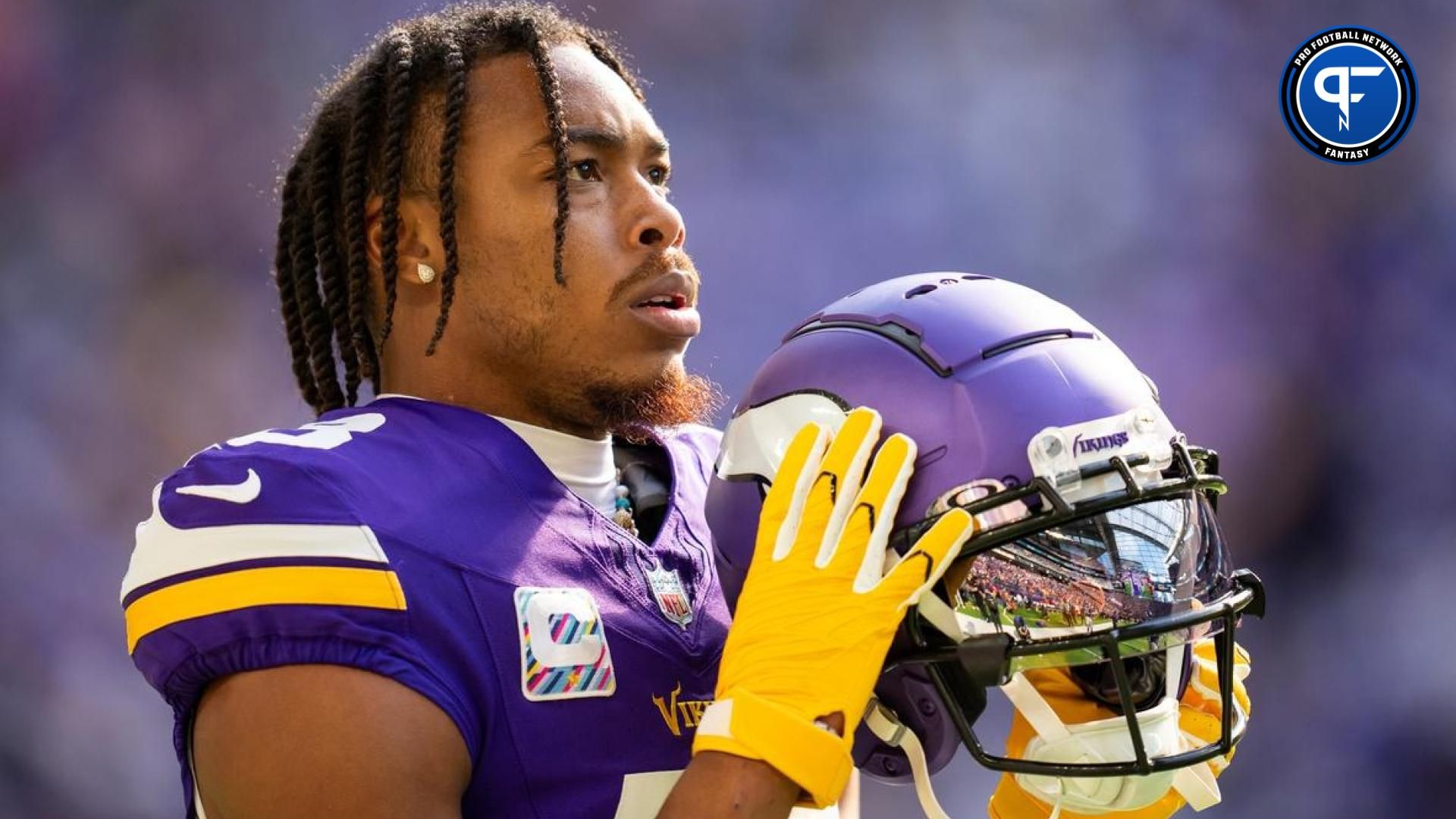 Minnesota Vikings wide receiver Justin Jefferson (18) before the game against the Kansas City Chiefs at U.S. Bank Stadium.