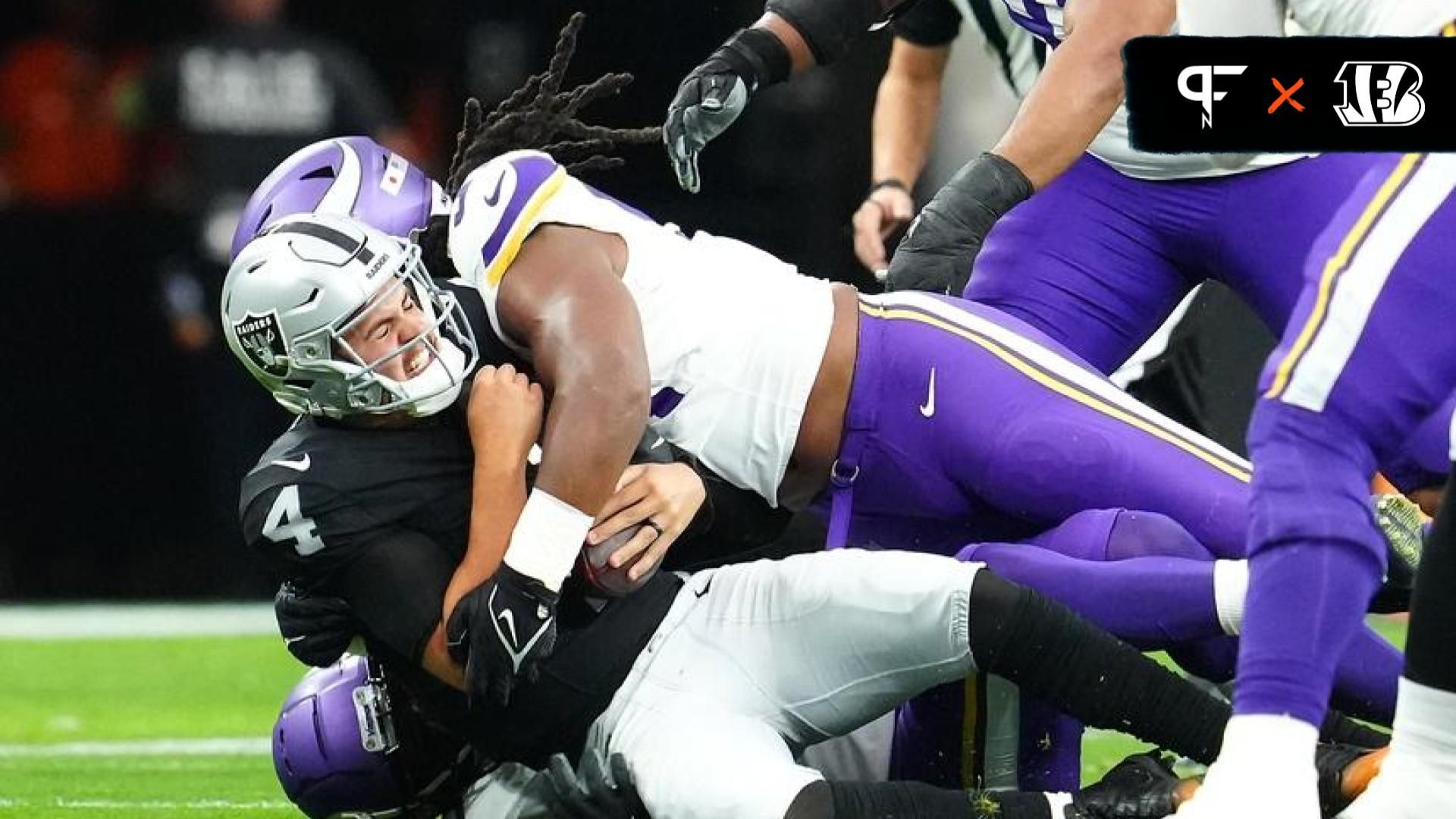 Las Vegas Raiders quarterback Aidan O'Connell (4) is sacked by Minnesota Vikings linebacker Pat Jones II (91) during the first quarter at Allegiant Stadium.