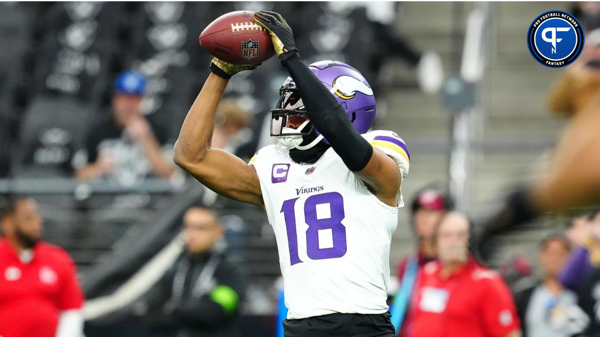 Minnesota Vikings wide receiver Justin Jefferson (18) warms up before a game against the Las Vegas Raiders at Allegiant Stadium.