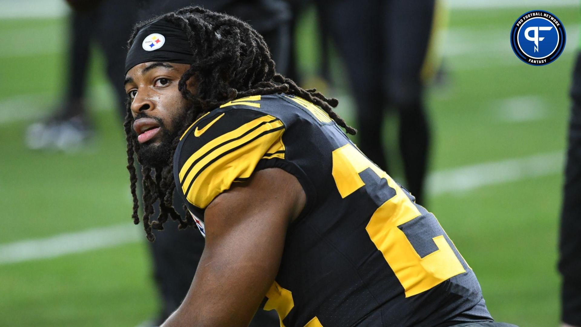 Pittsburgh Steelers running back Najee Harris (22) watches the field before playing the New England Patriots at Acrisure Stadium.